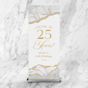 Elegant White Gold Agate 25th Birthday Party Retractable Banner