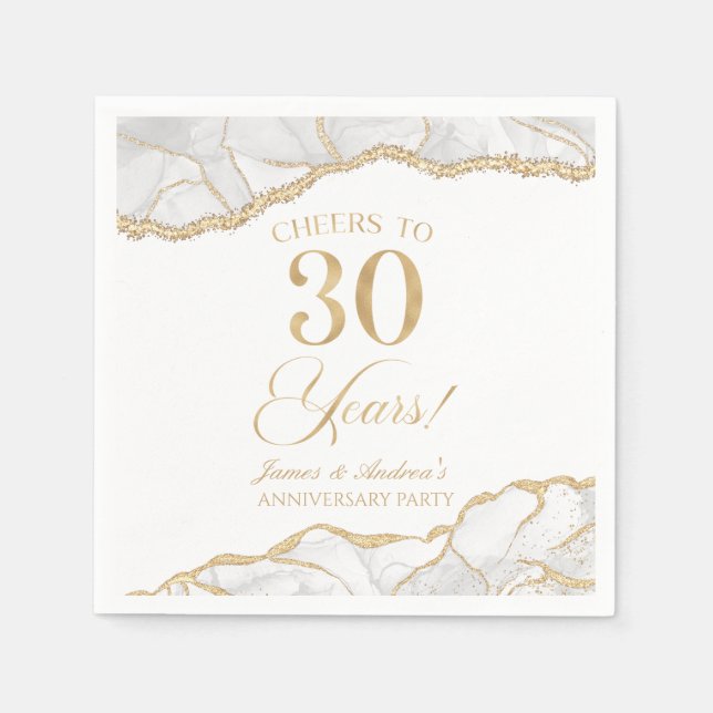 Elegant White Gold Agate 30th Anniversary Party Napkins (Front)