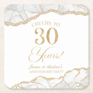Elegant White Gold Agate 30th Anniversary Party Square Paper Coaster