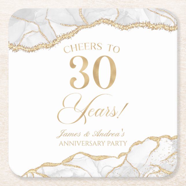 Elegant White Gold Agate 30th Anniversary Party Square Paper Coaster (Front)