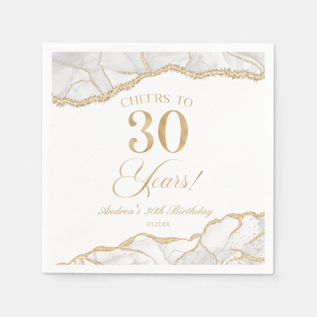 Elegant White Gold Agate 30th Birthday Party Napkins (Front)