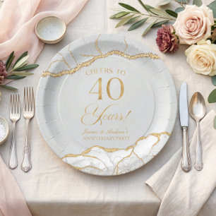 Elegant White Gold Agate 40th Anniversary Party Paper Plates