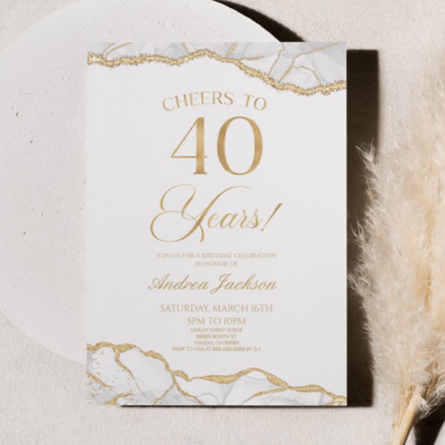 Elegant White Gold Agate 40th Birthday Party Invitation (Creator Uploaded)