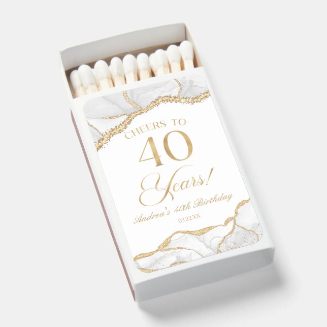 Elegant White Gold Agate 40th Birthday Party Matchboxes (Front Open)