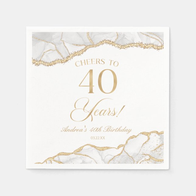 Elegant White Gold Agate 40th Birthday Party Napkins (Front)