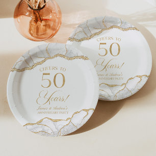 Elegant White Gold Agate 50th Anniversary Party Paper Plates