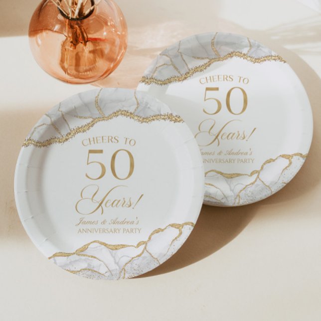 Elegant White Gold Agate 50th Anniversary Party Paper Plates (Creator Uploaded)