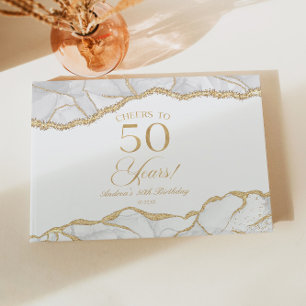 Elegant White Gold Agate 50th Birthday Party Guest Book
