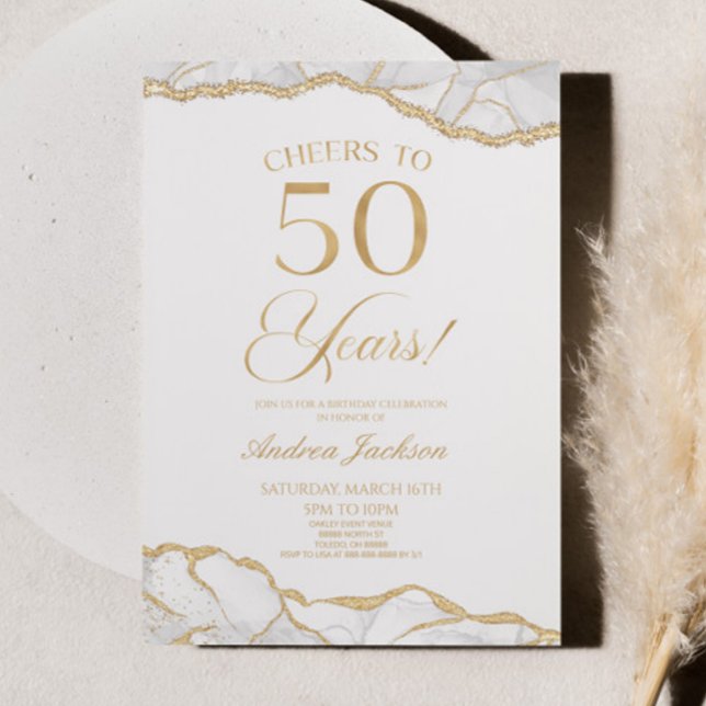 Elegant White Gold Agate 50th Birthday Party Invitation (Creator Uploaded)