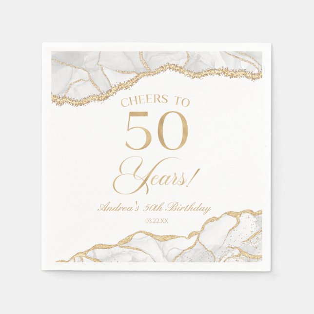 Elegant White Gold Agate 50th Birthday Party Napkins (Front)