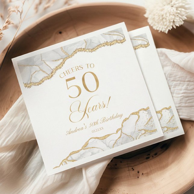 Elegant White Gold Agate 50th Birthday Party Napkins (Creator Uploaded)