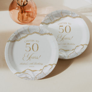 Elegant White Gold Agate 50th Birthday Party Paper Plates