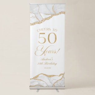 Elegant White Gold Agate 50th Birthday Party Retractable Banner
