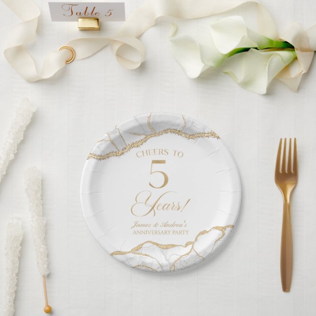 Elegant White Gold Agate 5th Anniversary Party Paper Plates (Wedding)