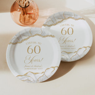 Elegant White Gold Agate 60th Anniversary Party Paper Plates