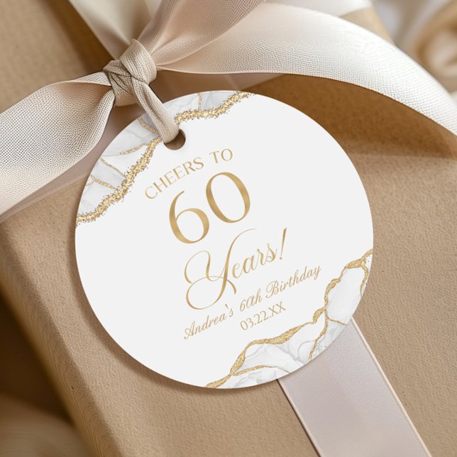 Elegant White Gold Agate 60th Birthday Party Favor Tags (Creator Uploaded)