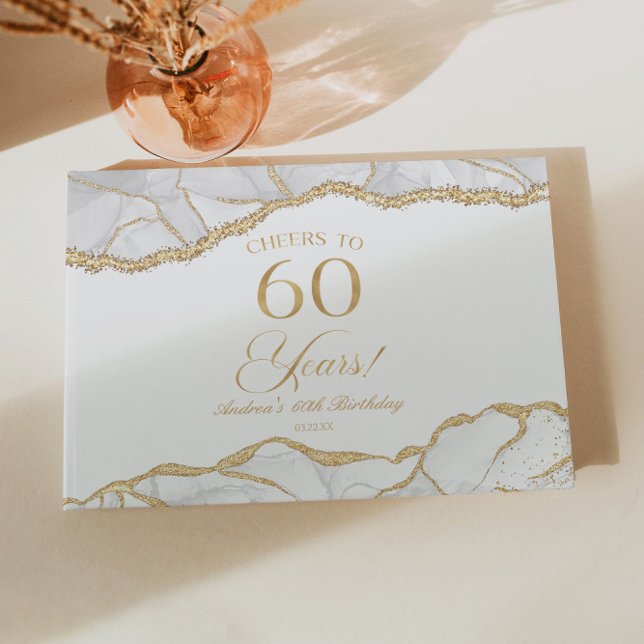 Elegant White Gold Agate 60th Birthday Party Guest Book (Creator Uploaded)