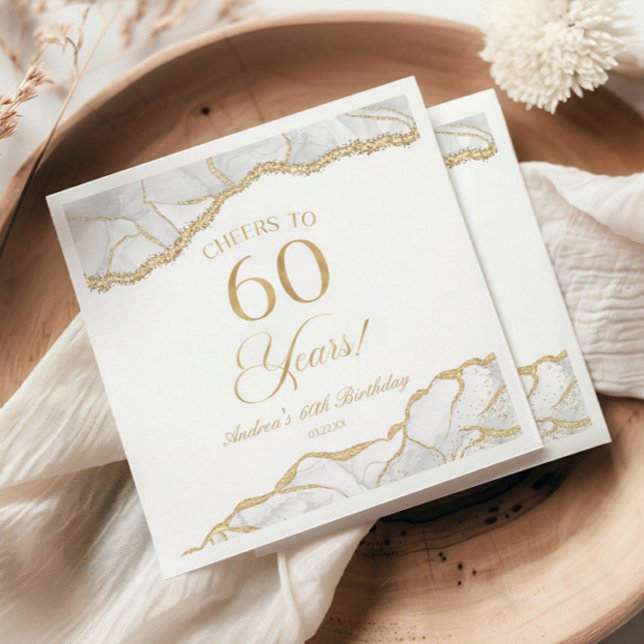 Elegant White Gold Agate 60th Birthday Party Napkins (Creator Uploaded)