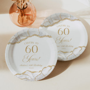 Elegant White Gold Agate 60th Birthday Party Paper Plates