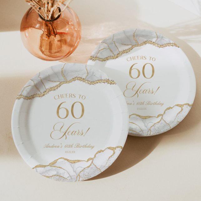 Elegant White Gold Agate 60th Birthday Party Paper Plates (Creator Uploaded)
