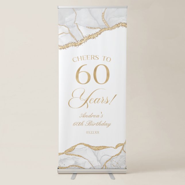 Elegant White Gold Agate 60th Birthday Party Retractable Banner (Front)