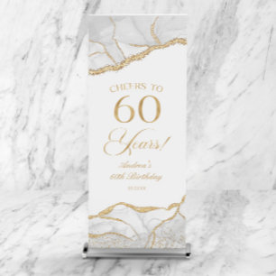 Elegant White Gold Agate 60th Birthday Party Retractable Banner