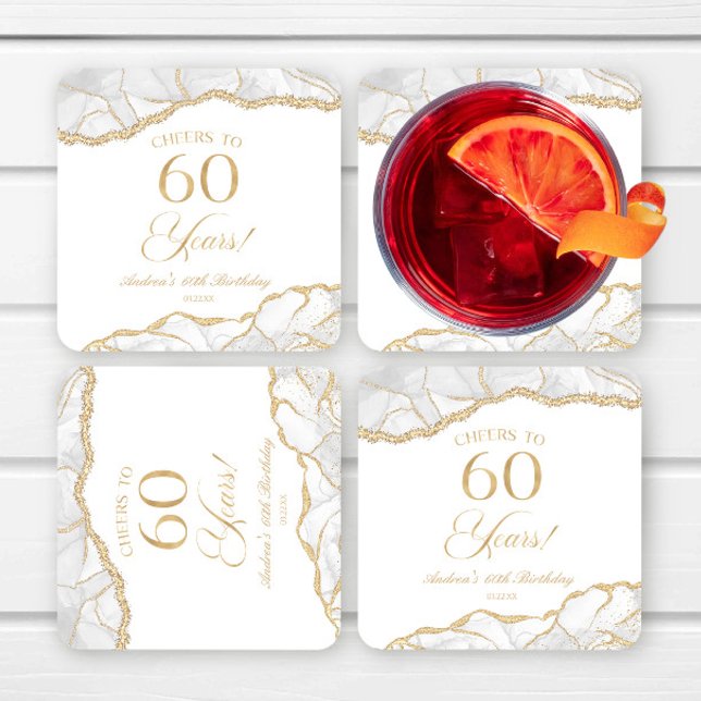 Elegant White Gold Agate 60th Birthday Party Square Paper Coaster (Creator Uploaded)