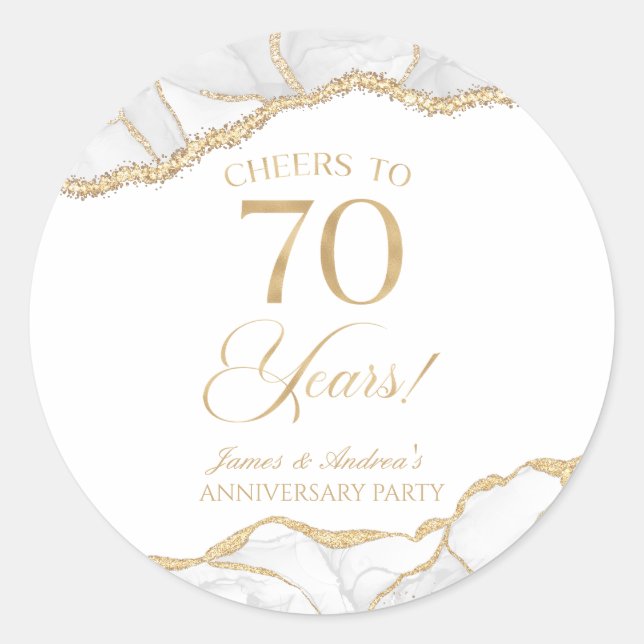 Elegant White Gold Agate 70th Anniversary Party Classic Round Sticker (Front)