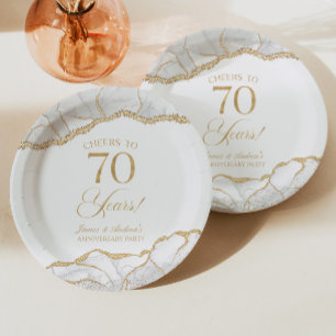 Elegant White Gold Agate 70th Anniversary Party Paper Plates