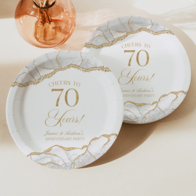 Elegant White Gold Agate 70th Anniversary Party Paper Plates (Creator Uploaded)