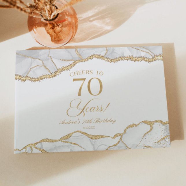 Elegant White Gold Agate 70th Birthday Party Guest Book (Creator Uploaded)