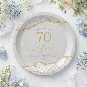 Elegant White Gold Agate 70th Birthday Party Paper Plates
