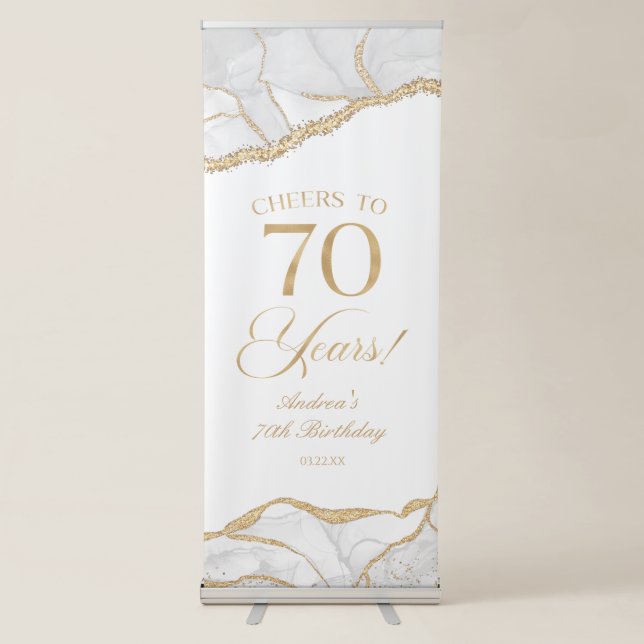 Elegant White Gold Agate 70th Birthday Party Retractable Banner (Front)
