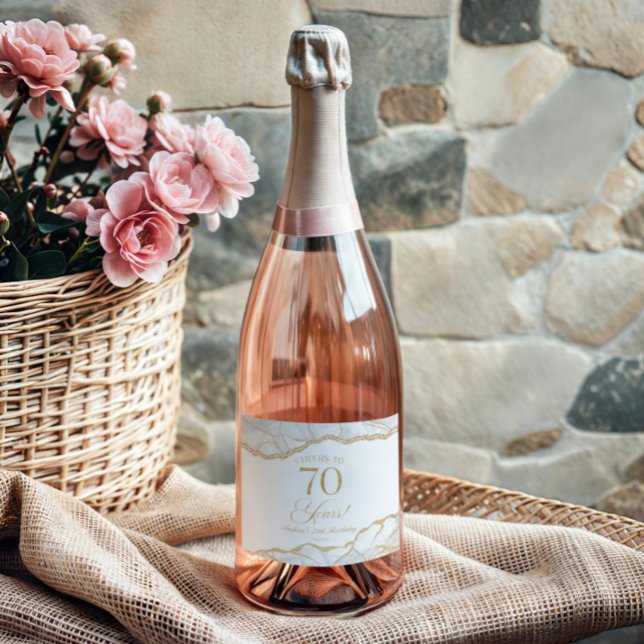 Elegant White Gold Agate 70th Birthday Party Sparkling Wine Label (Creator Uploaded)