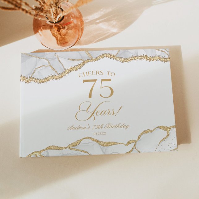 Elegant White Gold Agate 75th Birthday Party Guest Book (Creator Uploaded)