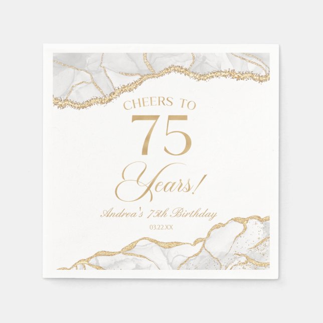 Elegant White Gold Agate 75th Birthday Party Napkins (Front)