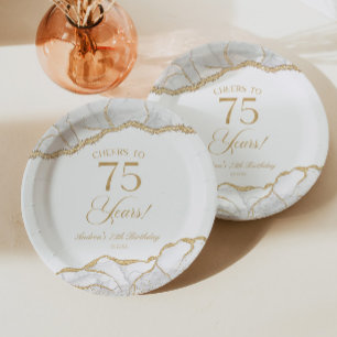 Elegant White Gold Agate 75th Birthday Party Paper Plates