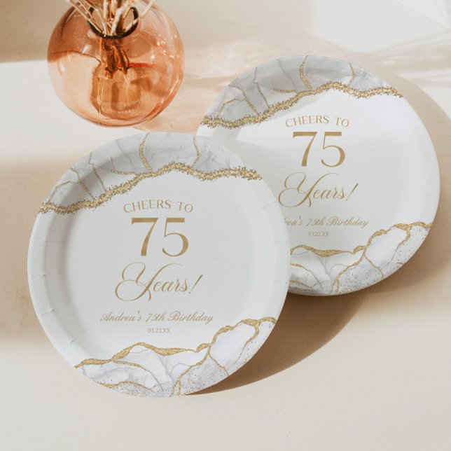 Elegant White Gold Agate 75th Birthday Party Paper Plates (Creator Uploaded)