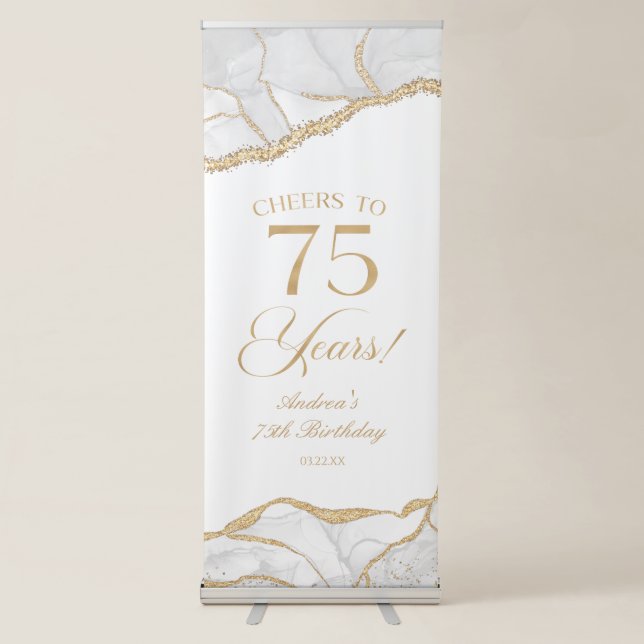 Elegant White Gold Agate 75th Birthday Party Retractable Banner (Front)