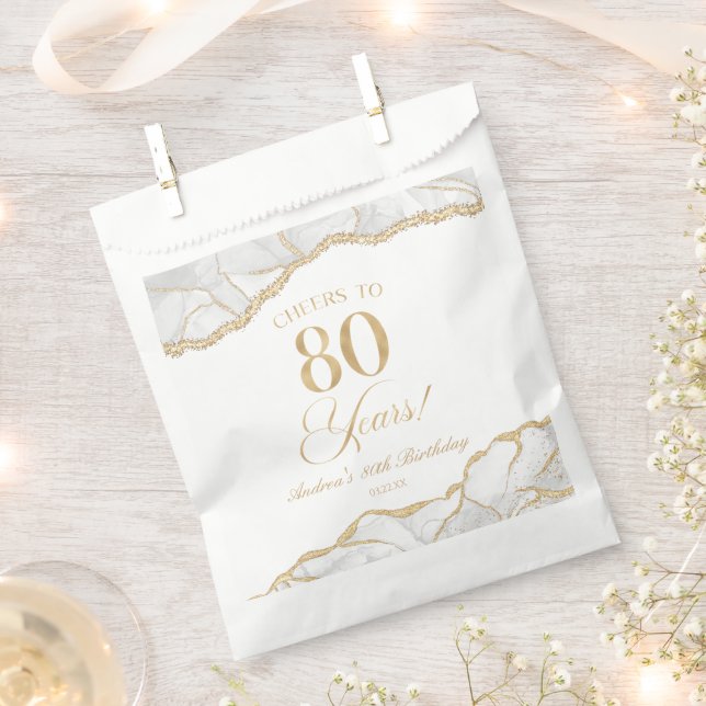 Elegant White Gold Agate 80th Birthday Party Favor Bag (Clipped)