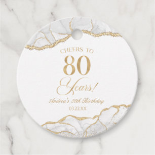 Elegant White Gold Agate 80th Birthday Party Favor Tags