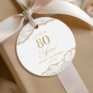 Elegant White Gold Agate 80th Birthday Party Favor Tags
