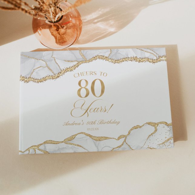 Elegant White Gold Agate 80th Birthday Party Guest Book (Creator Uploaded)