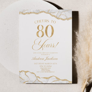 Elegant White Gold Agate 80th Birthday Party Invitation