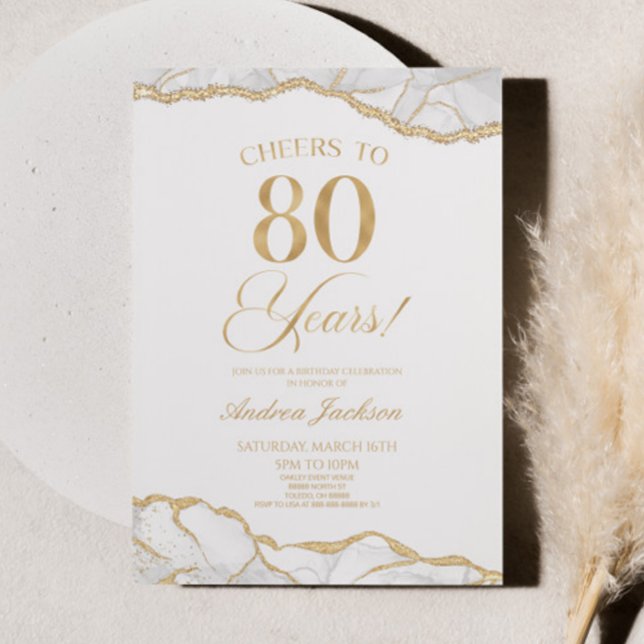 Elegant White Gold Agate 80th Birthday Party Invitation (Creator Uploaded)