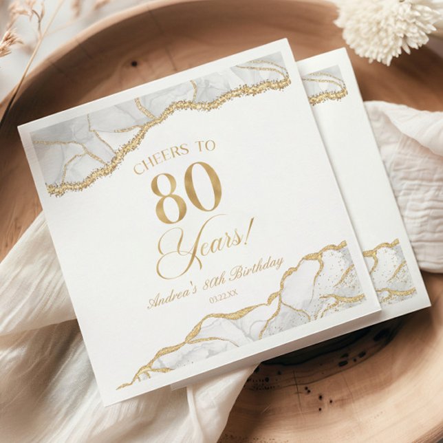 Elegant White Gold Agate 80th Birthday Party Napkins (Creator Uploaded)