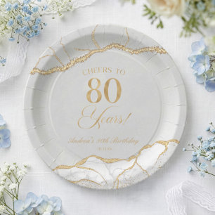 Elegant White Gold Agate 80th Birthday Party Paper Plates