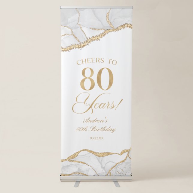 Elegant White Gold Agate 80th Birthday Party Retractable Banner (Front)