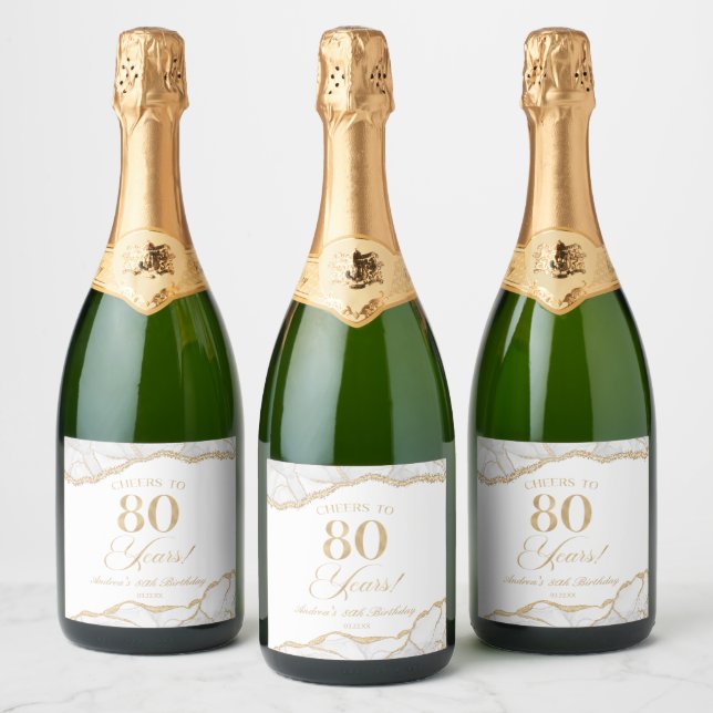 Elegant White Gold Agate 80th Birthday Party Sparkling Wine Label (Bottles)