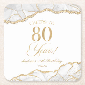 Elegant White Gold Agate 80th Birthday Party Square Paper Coaster